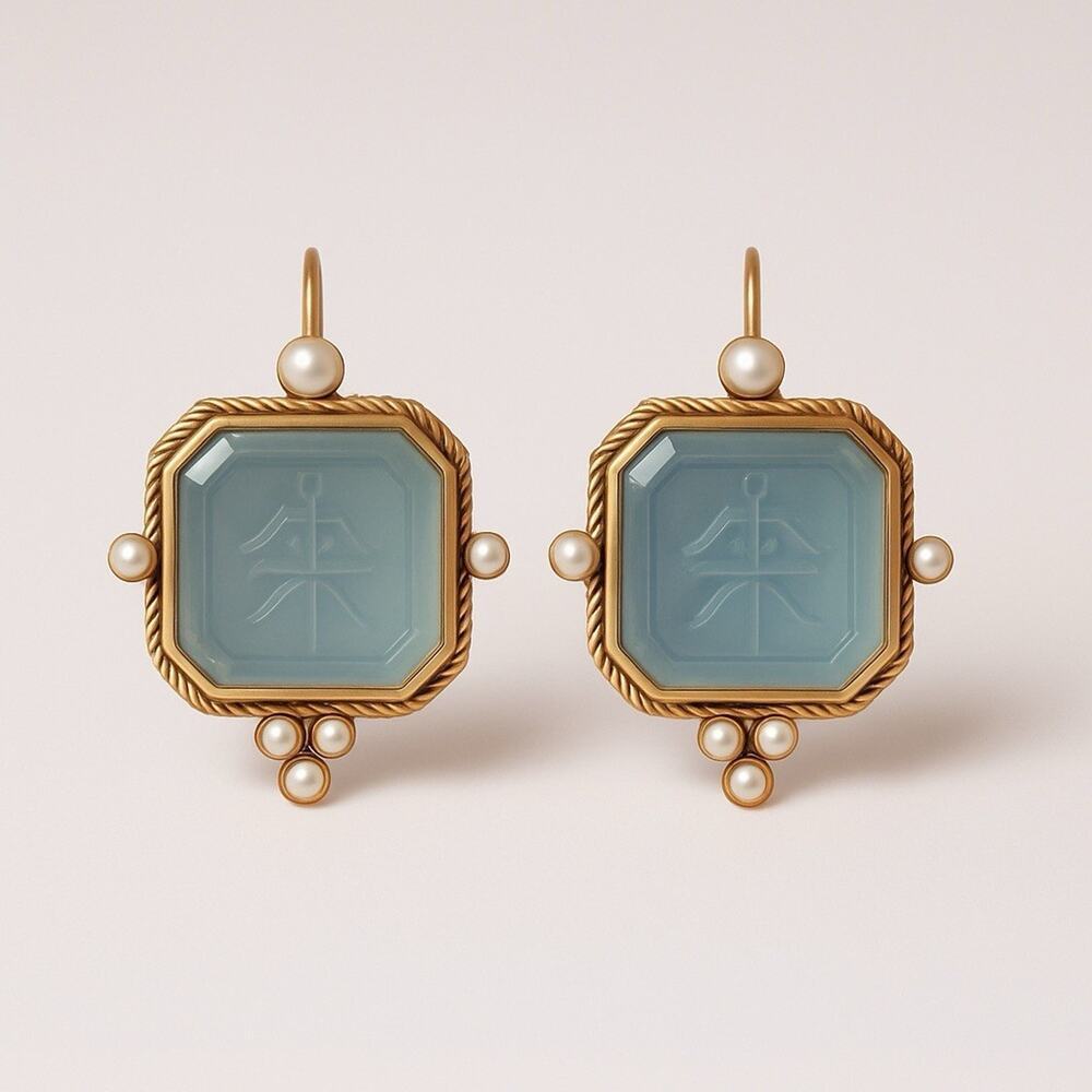 Museum Edwardian Intaglio Earrings Blue Pearl Gold Cameo Flower Geometric 18k